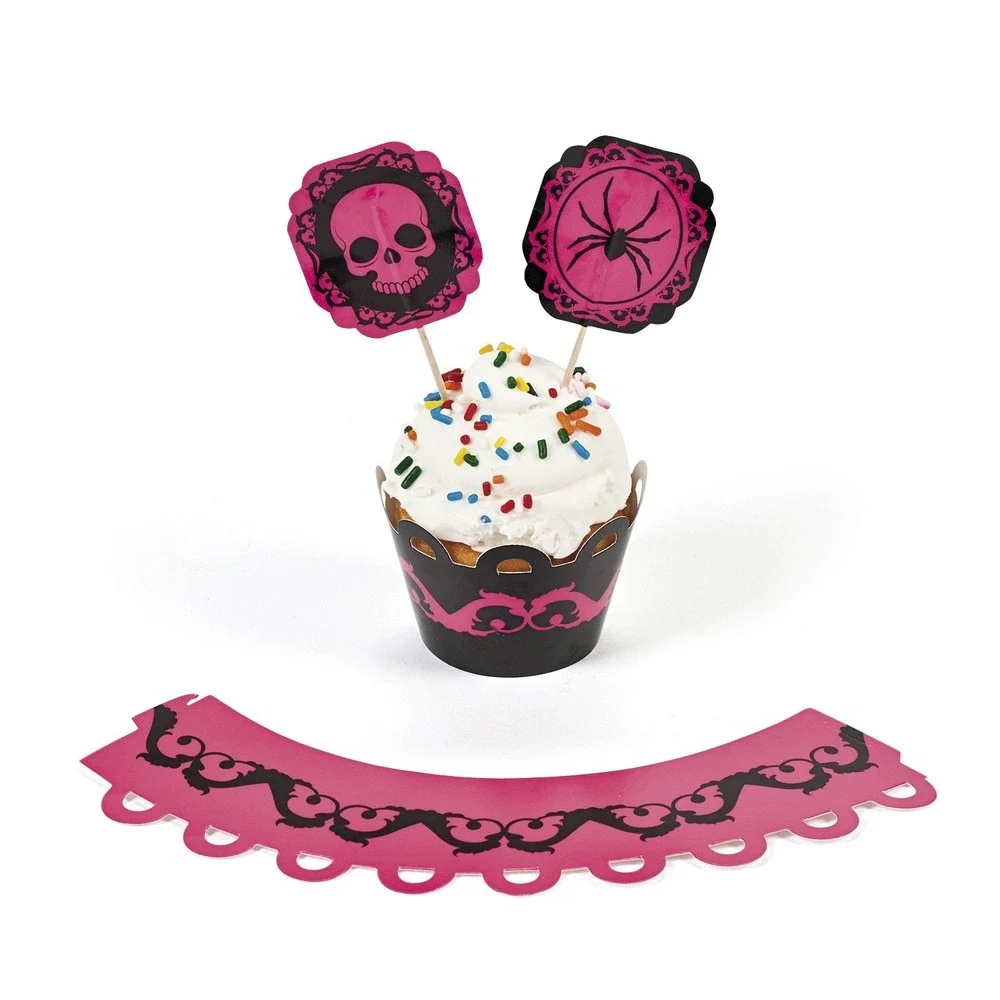 50 Halloween Cupcake Decor Kit‎ Pink Black Skull Spider Toppers Wrappers Gothic